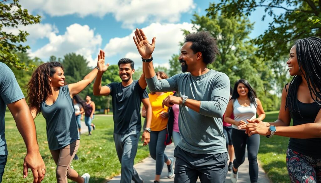 A vibrant outdoor setting showcasing a diverse group of adults engaged in a fun walking challenge, with men and women of various ages and ethnic backgrounds, dressed in comfortable casual sportswear. In the foreground, individuals are high-fiving and encouraging each other, with big smiles, embodying camaraderie and motivation. The middle ground features a park path winding through lush greenery, while others are walking together, some with fitness trackers on their wrists. The background reveals a sunny blue sky with fluffy clouds, creating an inviting atmosphere. Soft, natural lighting enhances the scene, emphasizing the joy and collective spirit of health and wellness. The angle captures an uplifting moment of teamwork and enthusiasm, making it ideal for inspiring community initiative.