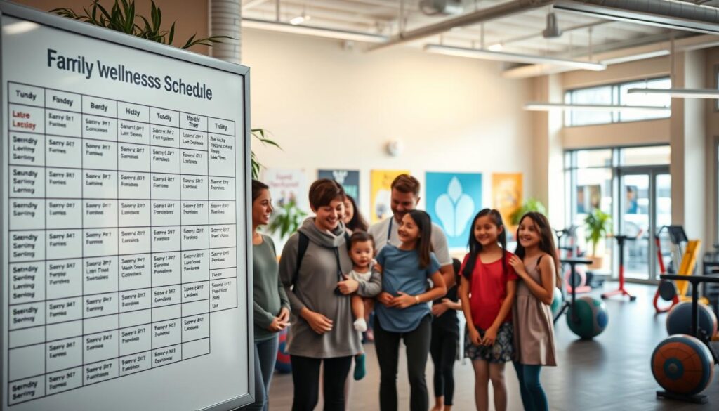 A visually appealing family wellness class schedule displayed in a modern, well-lit community center setting. The foreground features a clear, organized schedule on a large whiteboard or digital screen, with columns for class names, times, and locations. In the middle ground, diverse families of different ages and backgrounds, dressed in modest, casual workout clothing, interact positively as they look at the schedule, reflecting inclusivity and community spirit. The background shows a vibrant, welcoming environment with plants, posters promoting health and fitness, and colorful exercise equipment. The lighting is warm and inviting, creating a sense of motivation and positivity, captured from a slightly elevated angle for a comprehensive view.