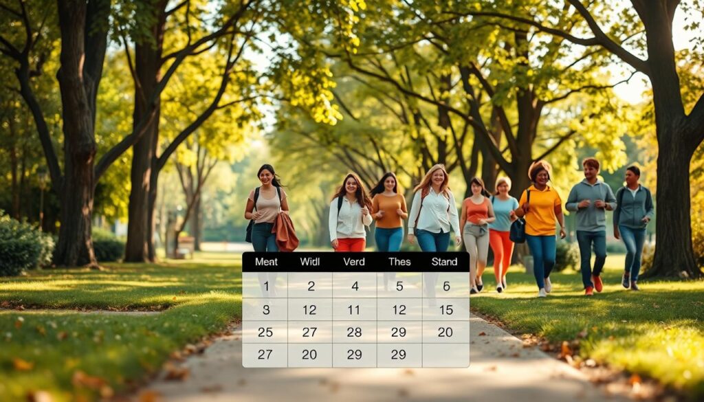 A visually appealing weekly calendar designed for a healthy lifestyle, emphasizing walking as a communal activity. In the foreground, a neatly organized calendar layout highlights each day of the week with checkboxes alongside colorful illustrations of diverse, modestly dressed people happily walking together in a park. The middle ground features lush green trees and pathway scenery, encouraging a sense of connection and warm community spirit. In the background, soft sunlight filters through the branches, creating a cozy and inviting atmosphere. The overall mood is uplifting and motivational, capturing the essence of wellness and togetherness in outdoor activities. The perspective should be slightly angled to give depth, and the lighting should be bright and natural, enhancing the cheerful vibe of the scene.