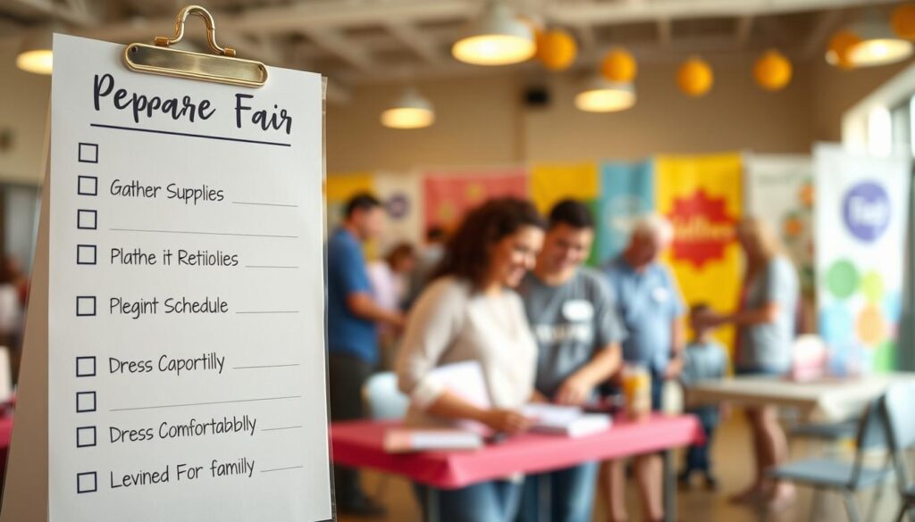 A visually engaging checklist for a wellness fair preparation, prominently displayed in the foreground with neatly organized bullet points. The checklist includes sections like "Gather Supplies," "Plan Your Schedule," and "Dress Comfortably." In the middle ground, a softly lit scene of a community center setting with families interacting, smiling, and preparing for the event, conveying a warm and inviting atmosphere. In the background, colorful banners and decorations related to wellness and health promote a sense of excitement. Soft, natural lighting casts a gentle glow, enhancing the welcoming ambiance, while a slight depth of field focuses attention on the checklist. The overall mood is encouraging and vibrant, illustrating a positive community experience designed for families.