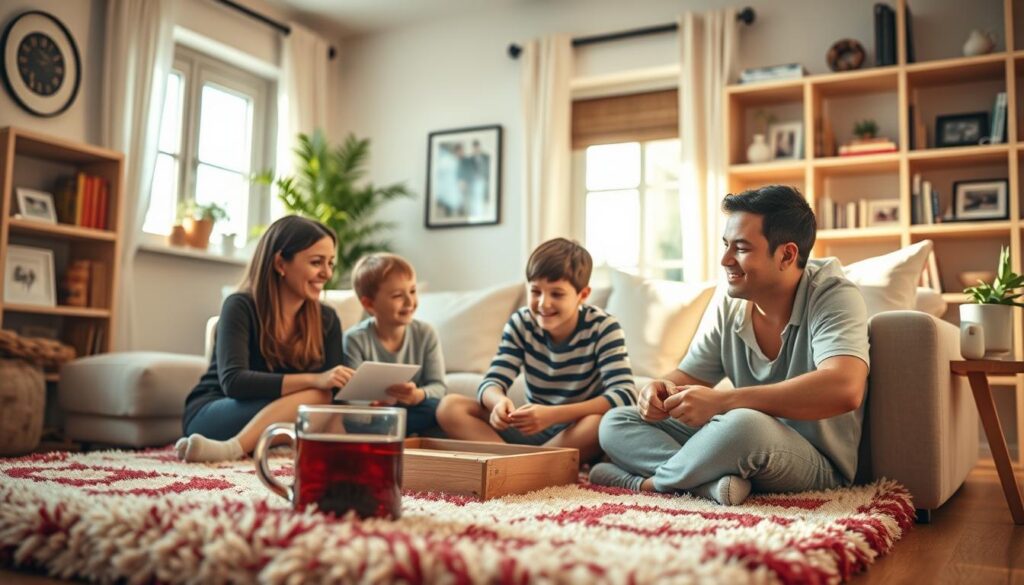 A warm and inviting scene depicting a family enjoying relaxation activities in a cozy living room. In the foreground, a mother and father sit on a plush, colorful rug with their two children, all smiling and engaged in a board game. The middle scene features a comfortable sofa adorned with soft cushions, a steaming cup of herbal tea on a side table, and an open window allowing gentle sunlight to stream in. The background shows shelves filled with books and family photos, contributing to a homely feel. The lighting is soft and warm, creating a tranquil and peaceful atmosphere. The angle captures the entire family scene, emphasizing joy and togetherness, embodying daily habits for stress relief. A warm and inviting scene depicting a family enjoying relaxation activities in a cozy living room. In the foreground, a mother and father sit on a plush, colorful rug with their two children, all smiling and engaged in a board game. The middle scene features a comfortable sofa adorned with soft cushions, a steaming cup of herbal tea on a side table, and an open window allowing gentle sunlight to stream in. The background shows shelves filled with books and family photos, contributing to a homely feel. The lighting is soft and warm, creating a tranquil and peaceful atmosphere. The angle captures the entire family scene, emphasizing joy and togetherness, embodying daily habits for stress relief.