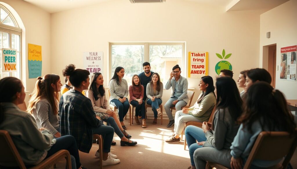 A warm, inviting scene of a youth peer group meeting in a bright, sunlit community center. In the foreground, a diverse group of teenagers, dressed in casual, modest clothing, engage in an open discussion, some seated on comfortable chairs while others stand animatedly. In the middle ground, supportive parents are shown participating, listening intently and offering encouragement, portraying a sense of involvement and collaboration. The background features colorful, uplifting posters promoting wellness and teamwork, with large windows allowing natural light to flood the space, creating a cheerful atmosphere. Capture a feeling of connection and warmth through soft lighting and a slightly wide-angle perspective, emphasizing the community aspect of the workshop.