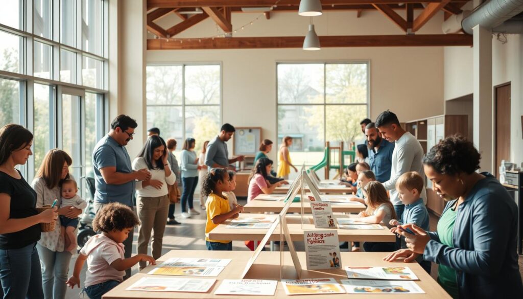 A warm, welcoming community center scene illustrating inclusive family resource options. In the foreground, a diverse group of families, including parents of different ethnicities and childcare professionals, engage in activities. Each family showcases a variety of parenting styles and backgrounds, emphasizing accessibility with young children playing and interacting. The middle ground features tables with informational pamphlets and interactive displays about childcare options, accessible playground equipment, and resource flyers. In the background, large windows allow natural light to flood the space, creating a bright and uplifting atmosphere. Soft lighting enhances the sense of community and support. The image should evoke feelings of warmth, inclusion, and collaboration, with a focus on creating a safe and nurturing environment for all families.