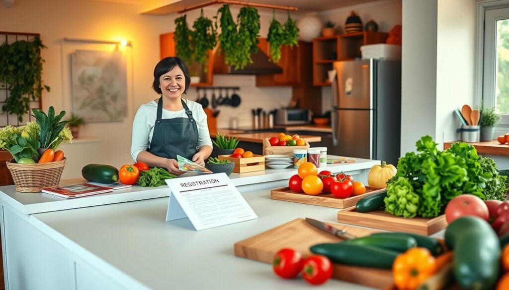 A welcoming and vibrant registration desk for a healthy cooking event, set in a bright, airy kitchen environment. In the foreground, a friendly person dressed in a professional apron, smiling and greeting attendees, with a registration form and colorful brochures on the counter. In the middle ground, a table filled with fresh vegetables, fruits, and cooking utensils, like chopping boards and knives, emphasizing the theme of healthy cooking. In the background, an inviting kitchen with hanging herbs and a soft, warm light illuminating the space, creating a cozy atmosphere. The scene conveys a sense of community and support for families interested in nutritious cooking, capturing the essence of teamwork and health. A welcoming and vibrant registration desk for a healthy cooking event, set in a bright, airy kitchen environment. In the foreground, a friendly person dressed in a professional apron, smiling and greeting attendees, with a registration form and colorful brochures on the counter. In the middle ground, a table filled with fresh vegetables, fruits, and cooking utensils, like chopping boards and knives, emphasizing the theme of healthy cooking. In the background, an inviting kitchen with hanging herbs and a soft, warm light illuminating the space, creating a cozy atmosphere. The scene conveys a sense of community and support for families interested in nutritious cooking, capturing the essence of teamwork and health.