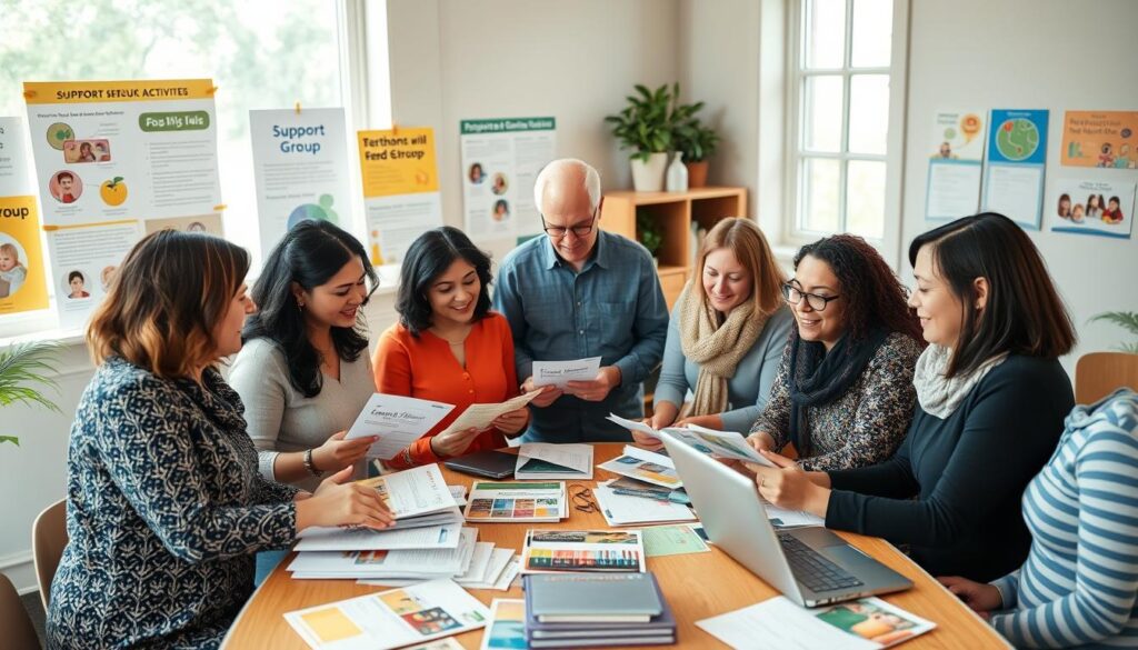 A cozy community space featuring a diverse group of parents, gathered around a table filled with resource materials like pamphlets, brochures, and laptops. In the foreground, two mothers share resources, their expressions engaged and supportive, dressed in professional, modest casual attire. In the middle, a father contributes to the discussion, emphasizing collaboration and sharing, with a warm, inviting atmosphere. The background showcases a well-lit room adorned with posters of support group activities, fostering a sense of connection and community. Soft, natural lighting filters through large windows, creating a friendly mood that encourages openness and resource exchange. The scene is captured from a slightly elevated angle to encompass the whole group interaction, highlighting the communal spirit of resource sharing among families with special needs. A cozy community space featuring a diverse group of parents, gathered around a table filled with resource materials like pamphlets, brochures, and laptops. In the foreground, two mothers share resources, their expressions engaged and supportive, dressed in professional, modest casual attire. In the middle, a father contributes to the discussion, emphasizing collaboration and sharing, with a warm, inviting atmosphere. The background showcases a well-lit room adorned with posters of support group activities, fostering a sense of connection and community. Soft, natural lighting filters through large windows, creating a friendly mood that encourages openness and resource exchange. The scene is captured from a slightly elevated angle to encompass the whole group interaction, highlighting the communal spirit of resource sharing among families with special needs.