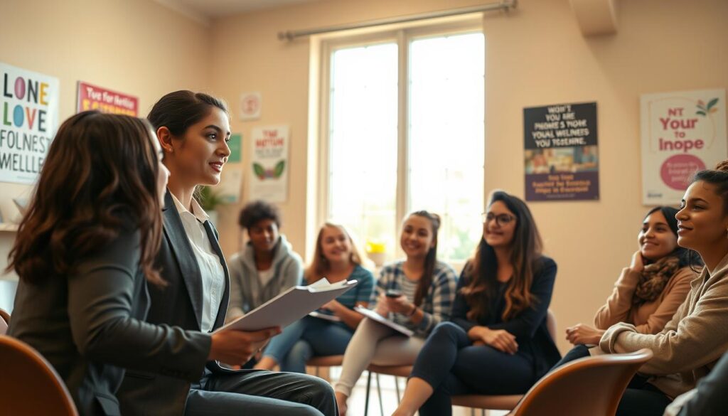 A diverse group of young adults, aged 18-25, engaged in a youth mental health support group training session, seated in a cozy, well-lit community center room. In the foreground, a facilitator, a young woman in professional business attire, actively discusses with enthusiasm, holding a clipboard. The middle ground shows several attentive participants, a mix of ethnically diverse teens and tweens, in modest casual clothing, nodding and taking notes. The background features a large window letting in warm, natural light, along with supportive posters on the walls promoting mental wellness. The atmosphere feels warm, encouraging, and collaborative, conveying a sense of hope and empowerment. The angle is slightly above eye level, capturing the energy and engagement of the group.