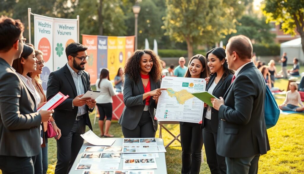 A diverse team of volunteers coordinating at a wellness fair, set in a vibrant outdoor environment. In the foreground, a group of enthusiastic volunteers of various ethnicities, dressed in professional business attire, are discussing strategies and sharing information on clipboards. They smile and point to a map of the fair layout, showcasing teamwork and collaboration. In the middle ground, several tables are set up with wellness resources like brochures, health snacks, and activities. The background features colorful banners promoting wellness themes, along with people participating in activities such as yoga and meditation. The scene is illuminated by soft, warm sunlight creating an inviting atmosphere. The image is captured with a slightly elevated angle, focusing on the energy and excitement of volunteer recruitment during the fair.
