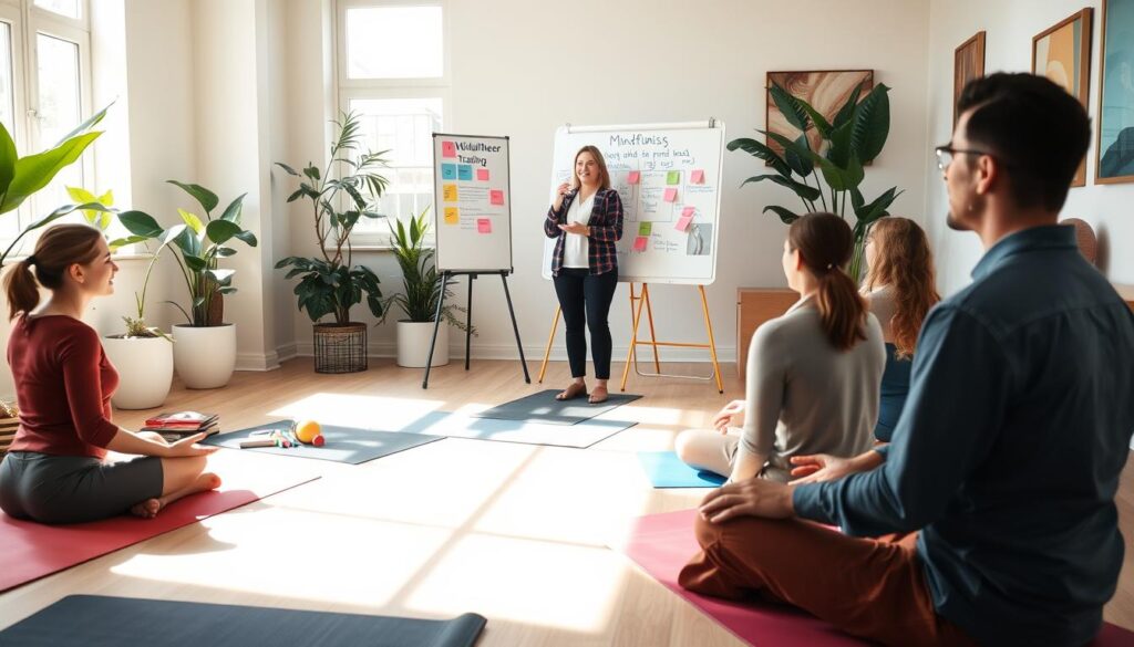 A scene depicting a diverse group of volunteer leaders engaged in mindfulness training within a bright, welcoming room. In the foreground, three individuals, two women and one man, are seated in a circle on yoga mats, all wearing professional casual attire. They are actively participating in a guided mindfulness exercise, with one leader demonstrating deep breathing techniques. In the middle ground, a skilled trainer, a woman in her forties with a warm smile, stands at a whiteboard illustrating mindfulness principles, surrounded by sticky notes and colorful markers. The background features soft, natural light streaming through large windows, plants in the corners, and calming artwork on the walls, creating a serene atmosphere that encourages focus and tranquility.