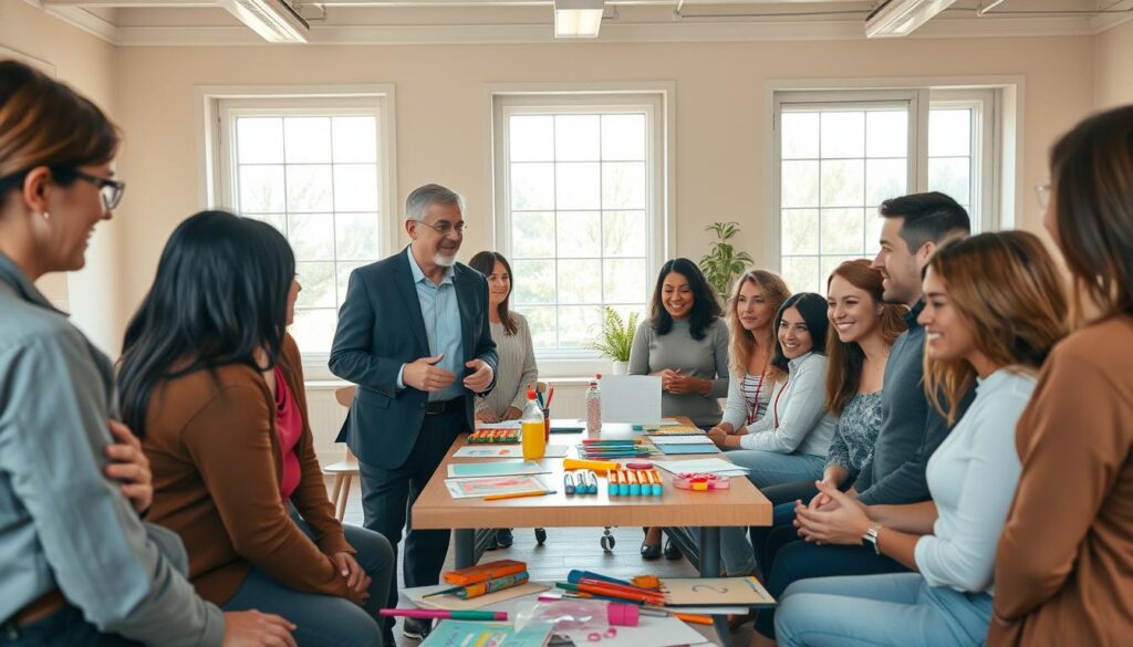 A serene and inviting workshop space that embodies emotional health, featuring a diverse group of positive individuals of various ages engaged in a collaborative activity. In the foreground, a middle-aged facilitator guides a small circle of participants, all dressed in professional business attire and modest casual clothing, showing expressions of joy and connection. The middle section reveals a table with colorful art supplies and mindfulness tools scattered about, symbolizing creativity and emotional exploration. The background showcases large windows allowing warm, natural light to flood the room, illuminating soft, calming colors on the walls. The atmosphere is supportive and uplifting, conveying a sense of community and personal growth, captured from a slightly elevated angle to encompass the group's dynamic interactions. A serene and inviting workshop space that embodies emotional health, featuring a diverse group of positive individuals of various ages engaged in a collaborative activity. In the foreground, a middle-aged facilitator guides a small circle of participants, all dressed in professional business attire and modest casual clothing, showing expressions of joy and connection. The middle section reveals a table with colorful art supplies and mindfulness tools scattered about, symbolizing creativity and emotional exploration. The background showcases large windows allowing warm, natural light to flood the room, illuminating soft, calming colors on the walls. The atmosphere is supportive and uplifting, conveying a sense of community and personal growth, captured from a slightly elevated angle to encompass the group's dynamic interactions.
