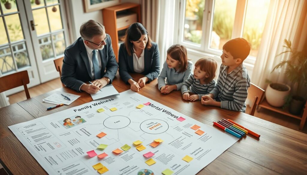 A serene and organized family mental wellness program blueprint displayed on a large wooden table in a cozy, sunlit room. In the foreground, a detailed diagram highlights various family activities, strategies, and resources for enhancing mental health. The diagram is surrounded by colorful sticky notes and markers, providing a vibrant touch to the scene. In the middle, a family of four (parents in professional business attire, children in modest casual clothing) collaboratively discussing the blueprint, showcasing engagement and teamwork. In the background, a softly lit window reveals a garden, symbolizing growth and well-being, while natural light creates a warm, inviting atmosphere. The overall mood is hopeful and constructive, emphasizing community support and resilience in family mental wellness. The composition is captured from a slight overhead angle to provide a comprehensive view of the blueprint and family interaction. A serene and organized family mental wellness program blueprint displayed on a large wooden table in a cozy, sunlit room. In the foreground, a detailed diagram highlights various family activities, strategies, and resources for enhancing mental health. The diagram is surrounded by colorful sticky notes and markers, providing a vibrant touch to the scene. In the middle, a family of four (parents in professional business attire, children in modest casual clothing) collaboratively discussing the blueprint, showcasing engagement and teamwork. In the background, a softly lit window reveals a garden, symbolizing growth and well-being, while natural light creates a warm, inviting atmosphere. The overall mood is hopeful and constructive, emphasizing community support and resilience in family mental wellness. The composition is captured from a slight overhead angle to provide a comprehensive view of the blueprint and family interaction.