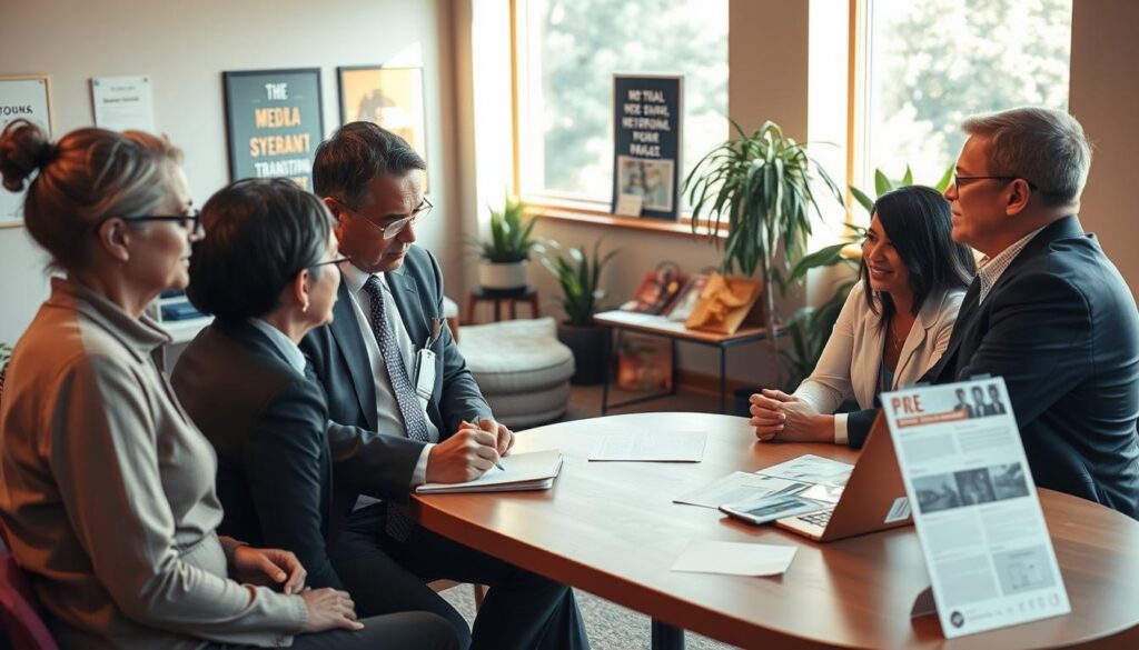 A serene and supportive community center environment focused on veteran trauma and transition resources. In the foreground, a diverse group of three veterans in professional business attire engage in a group discussion around a table, showing compassion and understanding. One veteran sketches ideas on a notepad, while another listens attentively. In the middle ground, a display of pamphlets and informational brochures about trauma support and transition services is prominently featured. The background depicts a cozy room with soft lighting, featuring motivational posters and plants, creating an inviting atmosphere. The scene captures a sense of hope, healing, and camaraderie, illuminated by warm, natural light streaming through large windows, emphasizing the strength of community support.