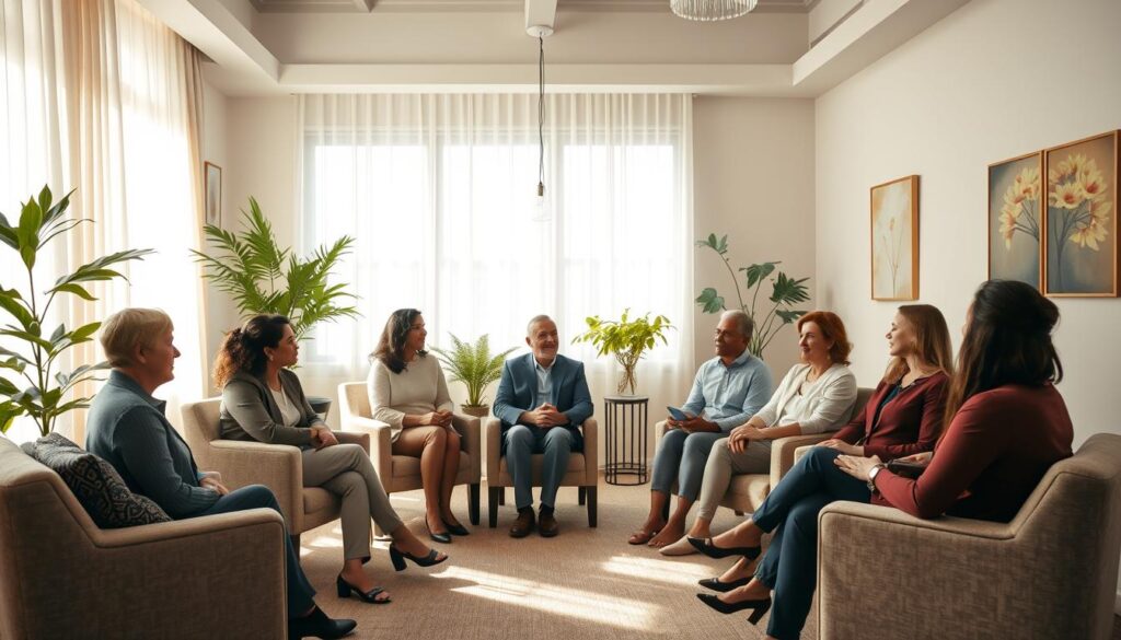 A serene and supportive environment depicting a trauma support group session. In the foreground, a circle of diverse individuals seated comfortably on plush chairs, each dressed in professional business attire or modest casual clothing, attentively listening to one another. The middle of the image features a warm, inviting room with soft lighting, enhancing a sense of safety and trust. Light flows in through large windows adorned with sheer curtains, creating a gentle, natural glow. In the background, potted plants add a touch of nature, while calming artwork hangs on the walls, reflecting themes of connection and healing. The overall mood is one of compassion and understanding, fostering an atmosphere conducive to emotional safety and openness among participants.