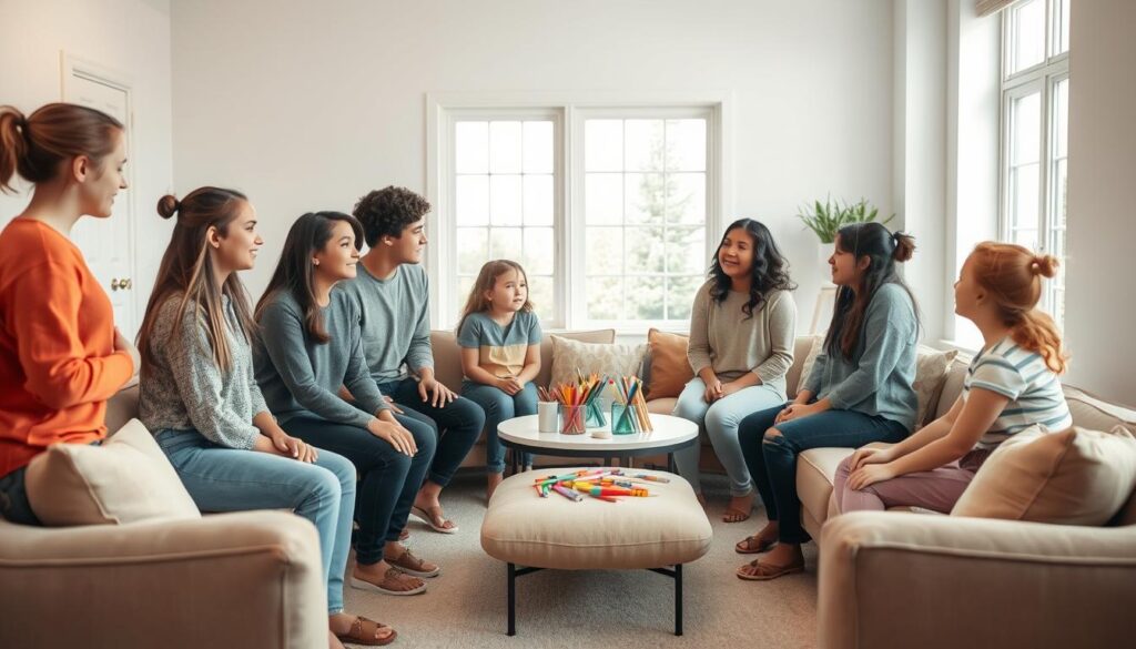 A serene and supportive environment for a child and teen grief support program. In the foreground, a diverse group of teens and children, dressed in modest casual clothing, engage in a heartfelt conversation, showcasing expressions of empathy and understanding. In the middle, comfortable seating arrangements with soft, inviting cushions surround a small table filled with art supplies, symbolizing creative expression as a form of healing. The background features calming pastel colors on the walls and gentle natural light streaming in through large windows, creating a warm and welcoming atmosphere. The scene captures a sense of community and comfort, encouraging emotional openness and connection among participants, reflecting the importance of support in navigating grief together.