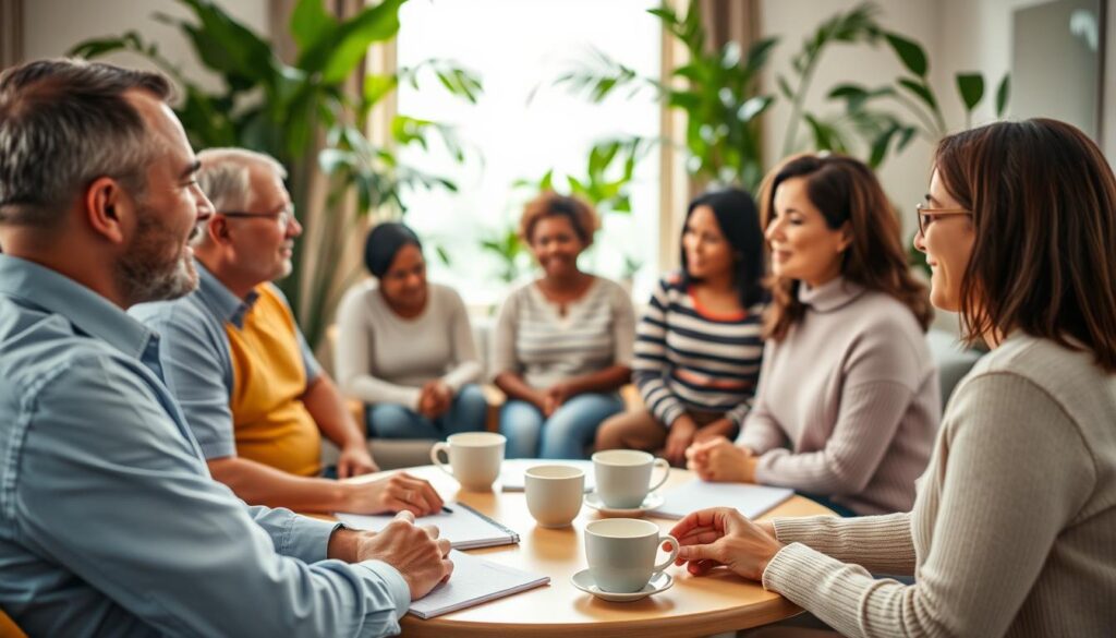 A serene community meeting space filled with a diverse group of parents discussing parenting strategies while respecting each other's privacy. In the foreground, two parents, a man in a light blue shirt and a woman in a pastel sweater, share a thoughtful conversation, their expressions reflecting warmth and understanding. The middle ground features a circular table with notebooks and coffee cups, symbolizing collaboration and shared ideas. A soft, warm light fills the room, creating an inviting atmosphere, while lush green plants are visible in the background, adding a touch of nature. The mood is supportive and welcoming, capturing the essence of balancing parenting help with the need for personal privacy within a group setting. Use a wide-angle lens to emphasize the open space and connection among participants. A serene community meeting space filled with a diverse group of parents discussing parenting strategies while respecting each other's privacy. In the foreground, two parents, a man in a light blue shirt and a woman in a pastel sweater, share a thoughtful conversation, their expressions reflecting warmth and understanding. The middle ground features a circular table with notebooks and coffee cups, symbolizing collaboration and shared ideas. A soft, warm light fills the room, creating an inviting atmosphere, while lush green plants are visible in the background, adding a touch of nature. The mood is supportive and welcoming, capturing the essence of balancing parenting help with the need for personal privacy within a group setting. Use a wide-angle lens to emphasize the open space and connection among participants.