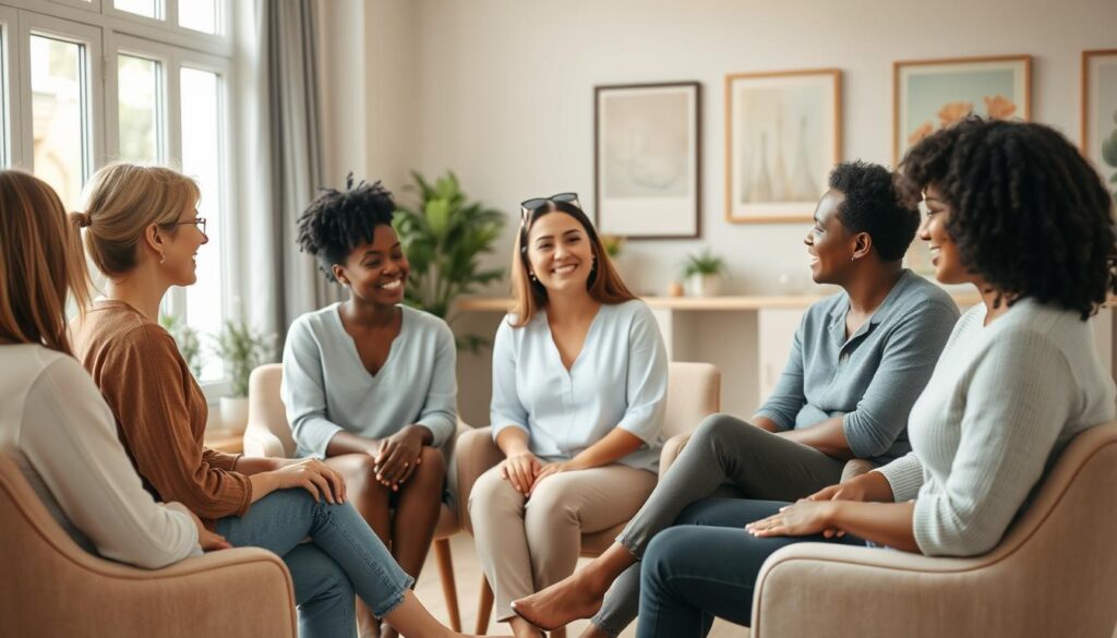 A serene group therapy session focused on anxiety relief, featuring diverse individuals of various ethnicities seated in a circle on comfortable chairs. In the foreground, show three participants expressing empathy, one offering a supportive hand on a shoulder. In the middle, a therapist, dressed in modest casual clothing, facilitates the discussion with a warm smile, creating a safe atmosphere. Soft, natural lighting filters through large windows, casting a gentle glow that enhances the calm and inviting environment. The background includes potted plants and soothing artwork on the walls, contributing to an atmosphere of trust and safety. The mood is supportive and encouraging, emphasizing connection and understanding among participants.