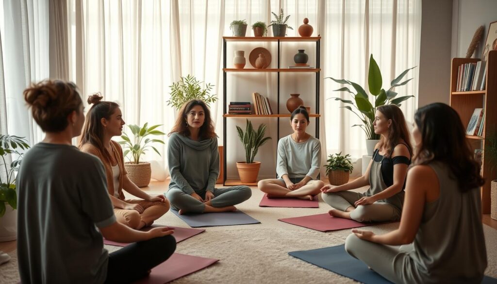 A serene indoor setting designed for trauma support, showcasing a cozy, comfortable space. In the foreground, a group of diverse individuals engaged in somatic awareness techniques, wearing modest casual clothing, sitting on yoga mats in a circle. Their expressions are focused and calm, emphasizing connection and openness. In the middle ground, wooden shelves hold books on mindfulness and wellness, while plants add a touch of nature to the environment. The backdrop features soft, warm lighting filtering through sheer curtains, creating an inviting atmosphere. A soft, muted color palette enhances the peaceful vibe, with gentle earth tones of greens and browns. The overall mood is one of healing, connection, and support, capturing the essence of trauma recovery.