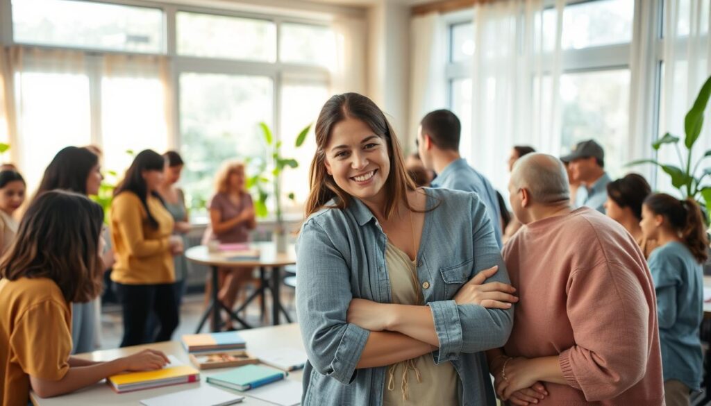 A serene indoor workshop space filled with natural light, featuring a diverse group of people of various ages engaging in activities that promote emotional wellness. In the foreground, a middle-aged woman shares a comforting smile with a teenager, both dressed in modest casual clothing. In the middle ground, a small circle gathers around a table with colorful journals and art supplies, facilitating creativity and connection. The background reveals large windows with soft, flowing curtains and green plants, fostering a calming atmosphere. The lighting is warm and inviting, highlighting the emotional bonds being formed. The focus is on the expressions of joy, understanding, and support among participants, encapsulating the essence of "Continuing the Journey" in emotional health. A serene indoor workshop space filled with natural light, featuring a diverse group of people of various ages engaging in activities that promote emotional wellness. In the foreground, a middle-aged woman shares a comforting smile with a teenager, both dressed in modest casual clothing. In the middle ground, a small circle gathers around a table with colorful journals and art supplies, facilitating creativity and connection. The background reveals large windows with soft, flowing curtains and green plants, fostering a calming atmosphere. The lighting is warm and inviting, highlighting the emotional bonds being formed. The focus is on the expressions of joy, understanding, and support among participants, encapsulating the essence of "Continuing the Journey" in emotional health.