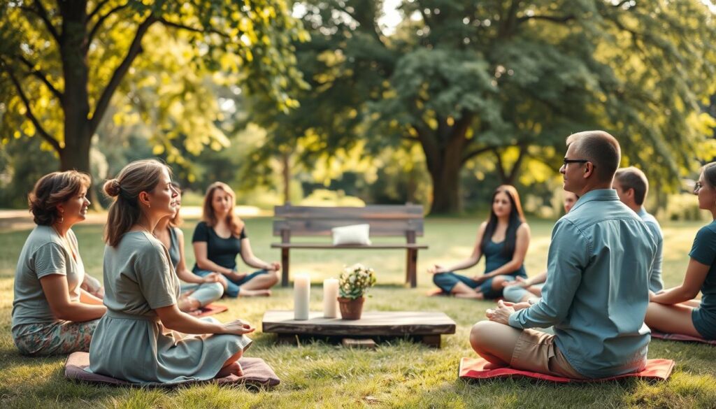 A serene outdoor setting for a mindfulness group gathering. In the foreground, a diverse group of individuals of various ages, including a middle-aged woman in modest casual clothing and a young man in professional attire, sit in a circle on soft grass, eyes closed, practicing mindfulness. In the middle ground, a rustic wooden bench holds a few candles and a small potted plant, contributing to the calm ambiance. The background features lush green trees and gentle sunlight filtering through the leaves, creating a warm and inviting atmosphere. The scene is captured from a slightly elevated angle to show the group’s unity while maintaining a peaceful vibe. Soft, diffused lighting enhances the tranquil mood, evoking a sense of community and togetherness.