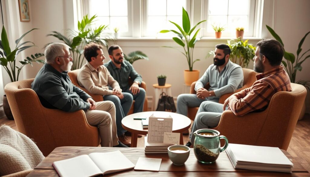 A serene room filled with natural light, showcasing a circle of men seated on comfortable chairs, engaged in open discussion. The foreground features a table with mental health tools like journals, mindfulness cards, and herbal teas. In the middle ground, a group of men in modest casual clothing shares their feelings, demonstrating a supportive atmosphere with expressions of empathy and understanding. Soft greenery from potted plants decorates the background, enhancing a calming vibe. The lighting is warm and inviting, captured from a slightly elevated angle to portray an inclusive perspective. The overall mood is one of encouragement and connection, emphasizing the importance of openness in mental health support.