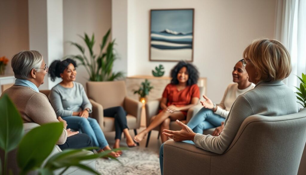A serene, well-lit interior scene depicting a diverse group of people engaged in a supportive group therapy session. In the foreground, a facilitator, a middle-aged woman in professional attire, leads a discussion with empathy, her hands gesturing to emphasize a point. Surrounding her, five participants of varied ages and ethnicities sit in comfortable chairs arranged in a circle, showcasing expressions of understanding and connection. The middle layer includes plants and warm lighting that create a cozy atmosphere. In the background, soft colors on the walls and a calming artwork add to the inviting environment. The overall mood is one of support and openness, encouraging feelings of safety and belonging. Use natural lighting to enhance the warmth and approachability of the scene. A serene, well-lit interior scene depicting a diverse group of people engaged in a supportive group therapy session. In the foreground, a facilitator, a middle-aged woman in professional attire, leads a discussion with empathy, her hands gesturing to emphasize a point. Surrounding her, five participants of varied ages and ethnicities sit in comfortable chairs arranged in a circle, showcasing expressions of understanding and connection. The middle layer includes plants and warm lighting that create a cozy atmosphere. In the background, soft colors on the walls and a calming artwork add to the inviting environment. The overall mood is one of support and openness, encouraging feelings of safety and belonging. Use natural lighting to enhance the warmth and approachability of the scene.