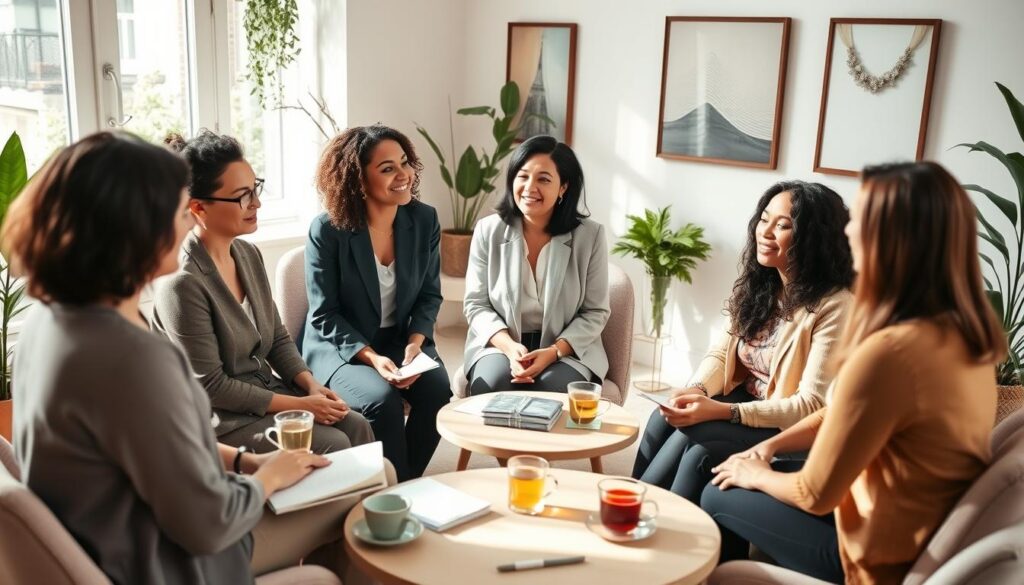 A serene women's wellness professional circle, featuring a diverse group of women sitting in a cozy, well-lit room. In the foreground, three women in professional business attire are engaged in a thoughtful discussion, with one woman gesturing expressively. In the middle, a round table holds notebooks, herbal teas, and wellness materials. The background showcases soft, natural lighting filtering through large windows, adorned with plants and calming artwork on the walls. The mood is supportive and collaborative, reflecting empowerment and growth. Use a warm color palette to create a welcoming atmosphere, and capture the scene from a slightly elevated angle to emphasize connection among the participants, ensuring each woman appears approachable and engaged.