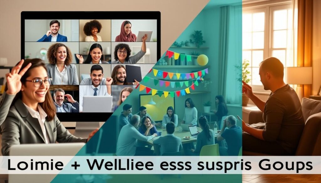 A split-scene image illustrating the comparison between online and local LGBTQ+ wellness support groups. In the foreground, a virtual meeting setup with diverse individuals of varying ages enthusiastically engaging on their devices, dressed in professional business attire or modest casual clothing. The middle layer features a cozy local community center, showcasing a circle of diverse community members sharing experiences and support, surrounded by colorful decorations symbolizing inclusivity. In the background, warm lighting spills through windows, creating an inviting atmosphere. The composition reflects a harmonious blend of connection and support, balancing the digital and physical aspects of community. The mood is uplifting and affirming, emphasizing mental wellbeing and communal strength.