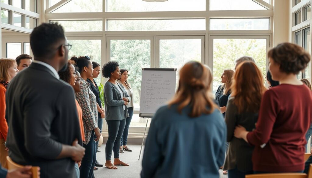 A tranquil community center setting during a wellness workshop focused on mental wellbeing. In the foreground, a diverse group of people engaged in a collaborative activity, all dressed in professional casual attire, showcasing a variety of ages and ethnic backgrounds. In the middle ground, a facilitator stands at a flip chart, guiding participants with enthusiasm, while others share thoughts in a supportive circle. The background features large windows allowing soft natural light to flood the space, enhancing a warm and inviting atmosphere. Soft greenery is visible outside, symbolizing growth and tranquility. The mood is positive and uplifting, conveying a sense of connection, resilience, and support among participants. The image should be captured at a slightly elevated angle, showcasing the inclusivity of the event while ensuring clarity and focus on the interactions. A tranquil community center setting during a wellness workshop focused on mental wellbeing. In the foreground, a diverse group of people engaged in a collaborative activity, all dressed in professional casual attire, showcasing a variety of ages and ethnic backgrounds. In the middle ground, a facilitator stands at a flip chart, guiding participants with enthusiasm, while others share thoughts in a supportive circle. The background features large windows allowing soft natural light to flood the space, enhancing a warm and inviting atmosphere. Soft greenery is visible outside, symbolizing growth and tranquility. The mood is positive and uplifting, conveying a sense of connection, resilience, and support among participants. The image should be captured at a slightly elevated angle, showcasing the inclusivity of the event while ensuring clarity and focus on the interactions.