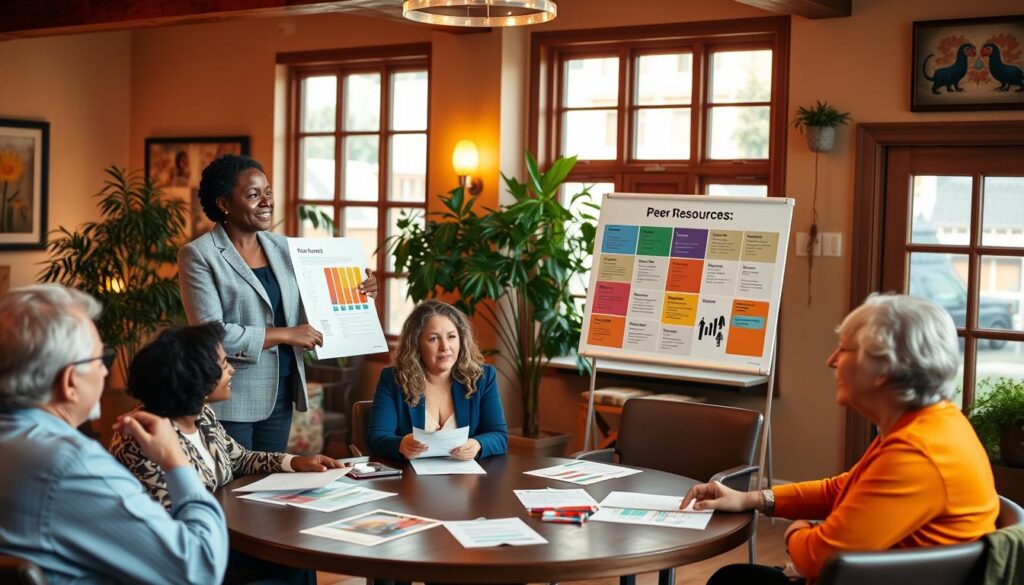 A vibrant and engaging scene depicting a diverse group of individuals collaborating in a warm, welcoming environment. In the foreground, a thoughtful facilitator of a peer support group stands confidently, pointing at a colorful chart showing various resources while dressed in professional business attire. In the middle, participants of different ages and ethnicities sit at a round table, discussing their needs, with papers and resources scattered between them. The background features a cozy community center, adorned with warm lighting emanating from large windows, enhancing the collaborative atmosphere. A lush indoor plant adds a touch of nature, and the walls are decorated with uplifting art. The overall mood is one of empowerment, connection, and support, capturing the essence of matching needs to resources effectively.
