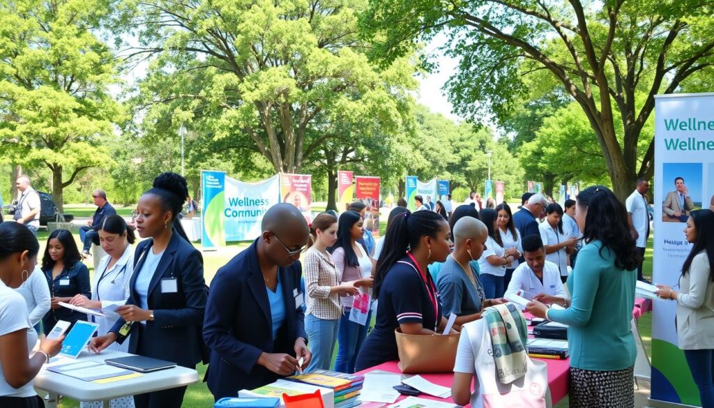 A vibrant community wellness fair taking place outdoors in a park setting. In the foreground, a diverse group of health professionals in professional business attire engage with attendees at booths offering various health screenings, such as blood pressure checks and cholesterol tests. Middle ground shows families and individuals signing up for support groups, with informational flyers displayed prominently. There are colorful banners emphasizing wellness and community. In the background, green trees and a clear blue sky create a serene atmosphere. Soft, natural lighting enhances the friendly, inviting mood of the scene, captured from a slightly elevated angle to provide a comprehensive view of the event's activities.