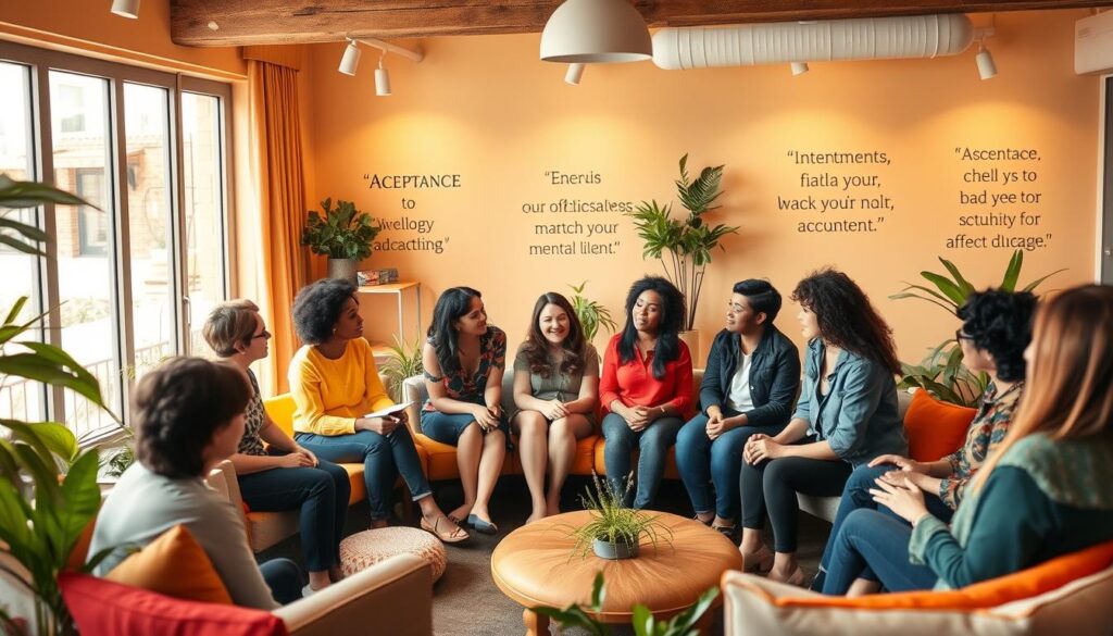 A vibrant, inclusive scene depicting a diverse support group in a cozy, welcoming meeting space. In the foreground, a group of individuals of various genders and ethnicities, dressed in casual, professional attire, engage in open conversation, sharing experiences. The middle ground features comfortable seating arranged in a circle, adorned with colorful cushions and plants, fostering a sense of community. The background includes large windows letting in warm, natural light, casting a soft glow and highlighting inspirational quotes on the walls about acceptance and mental wellness. The atmosphere is warm, inviting, and supportive, with a sense of connection and understanding. The camera angle captures the group from a slightly elevated perspective, emphasizing the communal feel of the gathering.