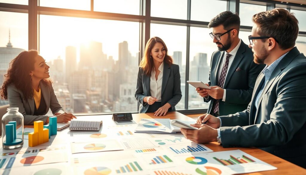 A vibrant scene depicting a diverse group of professionals engaged in a brainstorming session about funding sustainability strategies for community support groups. In the foreground, a table filled with colorful graphs, charts, and project proposals, showcasing financial planning and sustainability tools. In the middle ground, three individuals—two women and one man—discuss ideas animatedly, dressed in professional business attire. One woman points at a chart, while the man takes notes on a tablet. The background features an inspiring city skyline, symbolizing growth and community strength, with sunlight streaming through large windows, creating a warm and optimistic atmosphere. The image should evoke collaboration, innovation, and determination in making a positive impact.