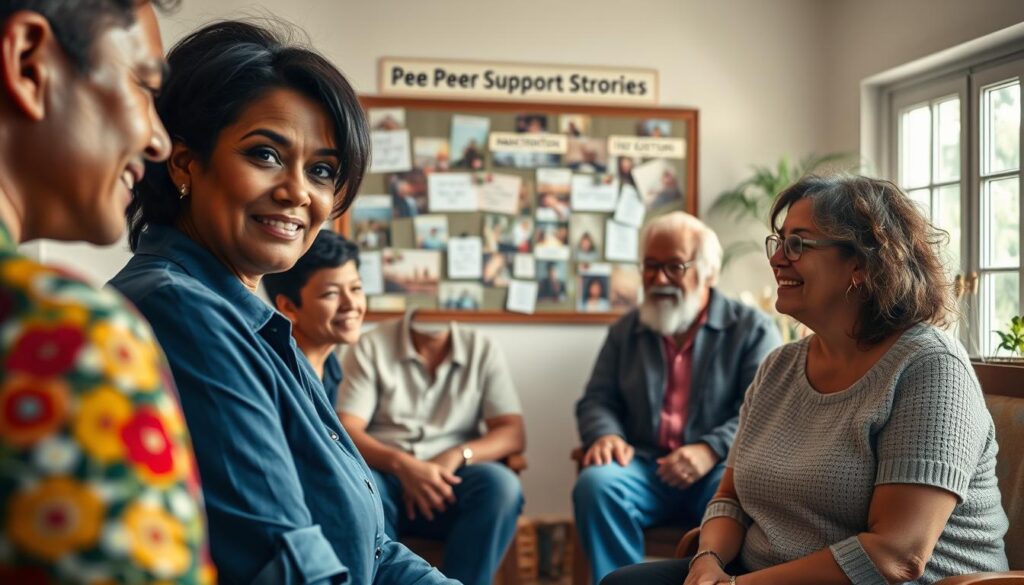 A vibrant scene depicting a peer support group in a cozy community center, focusing on a circle of diverse individuals engaging in uplifting conversation. In the foreground, a middle-aged woman with warm eyes and a professional outfit shares her story, while other group members— a young man, an elderly gentleman, and a woman in a modest casual top—listen attentively, reflecting empathy. In the middle ground, a bulletin board filled with photos and heartfelt messages showcases transformation stories, highlighting hope and resilience. The background features soft natural light spilling through large windows, creating an inviting, supportive atmosphere. The angle is slightly elevated, capturing the emotional connection among participants, conveying a sense of community, empowerment, and shared experiences. The overall mood is inspiring and positive, symbolizing the impact of peer-led support.