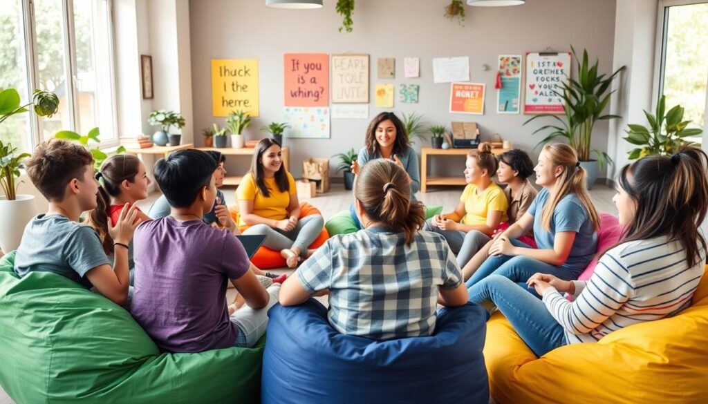 A vibrant youth mental health group activity, featuring a diverse group of teenagers and tweens engaged in an interactive workshop. In the foreground, a circle of young participants sits on colorful bean bags, sharing ideas and smiling, dressed in casual attire, promoting a sense of openness. The middle ground showcases a caring facilitator guiding the discussion with engaging materials like charts or art supplies, fostering creativity and collaboration. The background has a bright, welcoming room decorated with uplifting posters and plants, natural light streaming in through large windows, creating an optimistic atmosphere. The scene conveys enthusiasm, support, and empowerment, emphasizing the importance of participation and community in overcoming life's challenges.