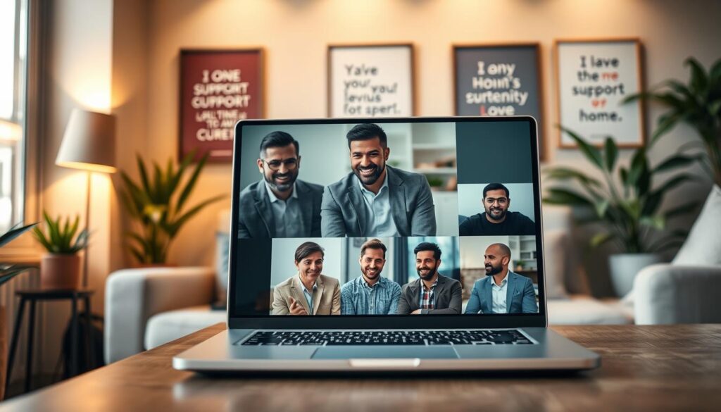 A virtual support group meeting set in a cozy, modern home office environment. In the foreground, a laptop is positioned on a stylish desk, displaying a video call with diverse men of varying ethnicities, all dressed in neat business casual clothing. They appear engaged and supportive, sharing smiles and nodding in understanding. In the middle, a supportive atmosphere is enhanced by soft ambient lighting, with gentle golden hues illuminating the room. The background features calming decor, such as potted plants and framed motivational quotes, creating a sense of warmth and community. The overall mood is encouraging and respectful, highlighting the power of online peer support for men's mental health, symbolizing connection and strength through shared experiences. The angle is slightly elevated, capturing both the laptop screen and the inviting workspace.