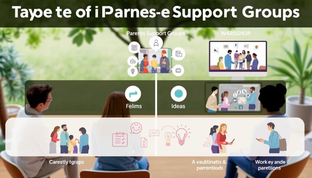 A visually engaging comparison chart illustrating various types of parenting support groups. In the foreground, depict distinct group types such as a circle of parents discussing in a cozy setting, a virtual meeting on a computer screen showcasing a diverse group, and a workshop environment with a facilitator guiding parents. In the middle ground, incorporate icons representing themes like fellowship, guidance, and ideas, with soft pastel colors that create a warm atmosphere. In the background, show a calming scene of a park or a home environment to evoke feelings of safety and community. Use soft, natural lighting to enhance the welcoming ambiance, and capture the image using a slight overhead angle to provide a comprehensive view without clutter. A visually engaging comparison chart illustrating various types of parenting support groups. In the foreground, depict distinct group types such as a circle of parents discussing in a cozy setting, a virtual meeting on a computer screen showcasing a diverse group, and a workshop environment with a facilitator guiding parents. In the middle ground, incorporate icons representing themes like fellowship, guidance, and ideas, with soft pastel colors that create a warm atmosphere. In the background, show a calming scene of a park or a home environment to evoke feelings of safety and community. Use soft, natural lighting to enhance the welcoming ambiance, and capture the image using a slight overhead angle to provide a comprehensive view without clutter.