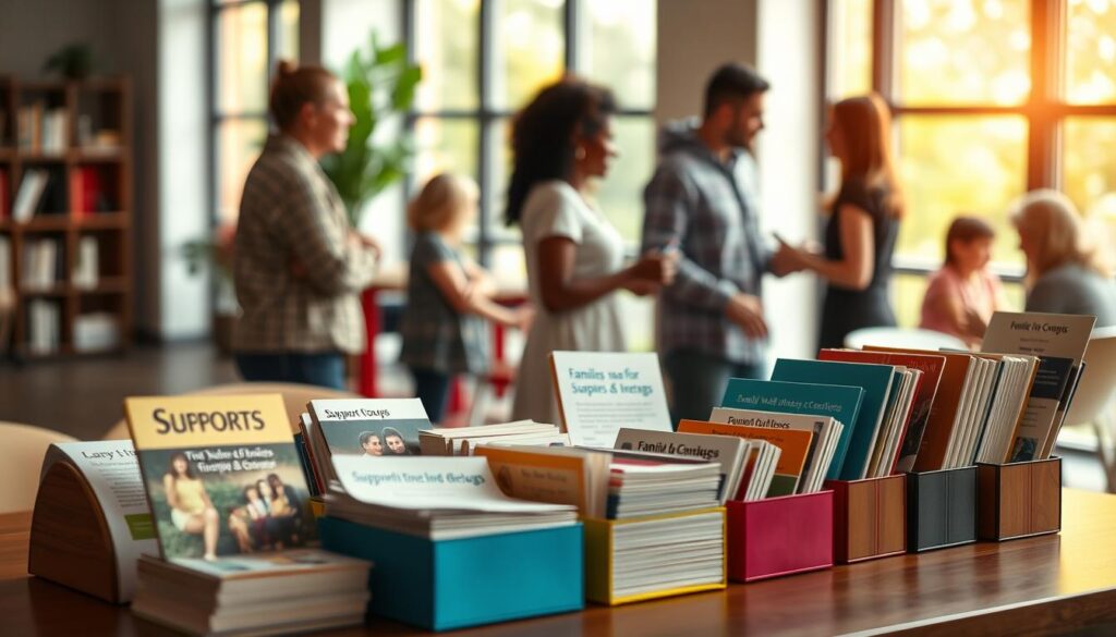 A visually rich image showcasing a "Family Wellness Resources Directory." In the foreground, a neatly organized table featuring brochures, flyers, and booklets about support groups for families and caregivers, arranged in colorful holders, exuding a sense of accessibility and community. The middle ground displays a soft-focus family-oriented scene, with diverse families gathered in a warm, inviting environment, engaging in discussions and resource-sharing. In the background, gentle natural light filters through large windows, casting a comforting glow, enhancing the atmosphere of support and togetherness. The image captures a sense of hope and empowerment, ideal for conveying the importance of resources in family wellness. A visually rich image showcasing a "Family Wellness Resources Directory." In the foreground, a neatly organized table featuring brochures, flyers, and booklets about support groups for families and caregivers, arranged in colorful holders, exuding a sense of accessibility and community. The middle ground displays a soft-focus family-oriented scene, with diverse families gathered in a warm, inviting environment, engaging in discussions and resource-sharing. In the background, gentle natural light filters through large windows, casting a comforting glow, enhancing the atmosphere of support and togetherness. The image captures a sense of hope and empowerment, ideal for conveying the importance of resources in family wellness.
