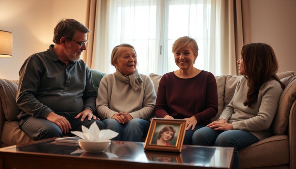 A warm and comforting scene depicting a family gathering in a cozy living room, with soft, ambient lighting creating a serene atmosphere. In the foreground, three family members—two adults and a teenager—are engaged in heartfelt conversation, their expressions reflecting empathy and support. The adults are dressed in modest casual clothing, while the teenager wears comfortable attire. In the middle ground, a coffee table is adorned with tissues and a framed photo of a loved one who has passed away, symbolizing their shared grief. The background features a softly lit window with sheer curtains, allowing gentle natural light to filter in, enhancing the mood of connection and solidarity. The overall composition conveys an essence of unity and understanding during a difficult time.