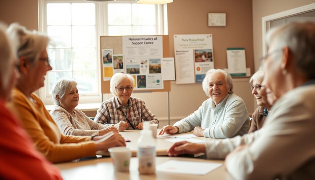 A warm and inviting community center interior, focusing on a diverse group of seniors engaged in support activities. In the foreground, a round table with seniors of various backgrounds discussing and sharing experiences, dressed in modest casual clothing. In the middle ground, an information board displaying flyers about local resources, such as health services, art classes, and transportation assistance. In the background, large windows allowing soft, natural light to illuminate the space, enhancing the sense of openness and connection. The atmosphere is cheerful and supportive, promoting wellbeing and community ties among seniors. Use a lens that captures depth, with a slightly blurred background to emphasize the lively interaction at the table. A warm and inviting community center interior, focusing on a diverse group of seniors engaged in support activities. In the foreground, a round table with seniors of various backgrounds discussing and sharing experiences, dressed in modest casual clothing. In the middle ground, an information board displaying flyers about local resources, such as health services, art classes, and transportation assistance. In the background, large windows allowing soft, natural light to illuminate the space, enhancing the sense of openness and connection. The atmosphere is cheerful and supportive, promoting wellbeing and community ties among seniors. Use a lens that captures depth, with a slightly blurred background to emphasize the lively interaction at the table.