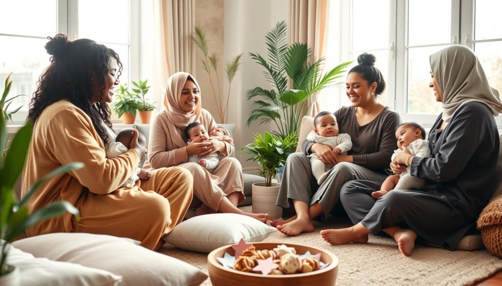 A warm and inviting scene depicting a diverse group of women gathered in a cozy, sunlit room, fostering a supportive motherhood circle. In the foreground, three mothers of different ethnicities, dressed in modest casual clothing, are seated in a comfortable circle, engaged in a heartfelt discussion while holding infants and toddlers. The middle ground features soft cushions and plants, creating a nurturing atmosphere, with handmade crafts and a snack table, enhancing the sense of community. In the background, large windows allow natural light to illuminate the space, casting a gentle glow over the gathering. The mood is serene and empowering, conveying connection, care, and understanding in the journey of motherhood. The angle captures the intimate exchange between the women, emphasizing their smiles and camaraderie, inviting viewers into their supportive world.