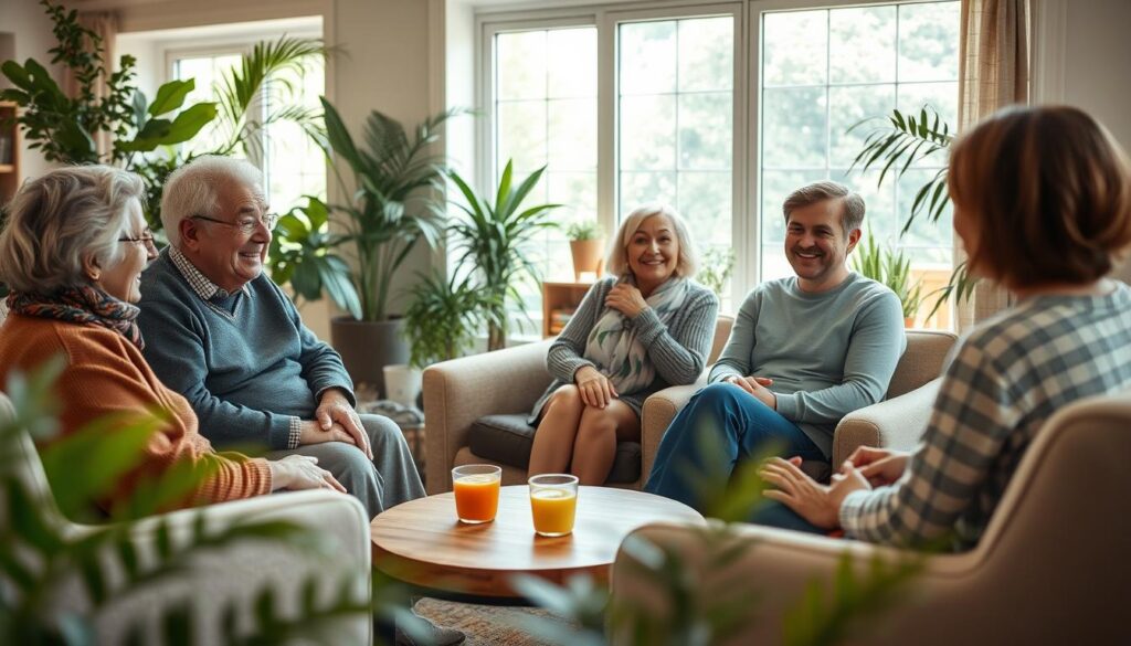 A warm and inviting scene depicting an intergenerational support group session. In the foreground, a diverse group of five individuals sits in a comfortable circle; two seniors, a middle-aged person, and two young adults are engaged in joyful conversation, all dressed in modest casual clothing. The middle ground features cozy furnishings, such as soft armchairs and a wooden coffee table with refreshments. The background showcases a sunlit room filled with greenery, large windows allowing natural light to flood in, creating a serene atmosphere. Soft lens focus enhances the subjects’ expressions of connection and support. The overall mood is uplifting and nurturing, emphasizing the importance of intergenerational relationships in community wellbeing. A warm and inviting scene depicting an intergenerational support group session. In the foreground, a diverse group of five individuals sits in a comfortable circle; two seniors, a middle-aged person, and two young adults are engaged in joyful conversation, all dressed in modest casual clothing. The middle ground features cozy furnishings, such as soft armchairs and a wooden coffee table with refreshments. The background showcases a sunlit room filled with greenery, large windows allowing natural light to flood in, creating a serene atmosphere. Soft lens focus enhances the subjects’ expressions of connection and support. The overall mood is uplifting and nurturing, emphasizing the importance of intergenerational relationships in community wellbeing.