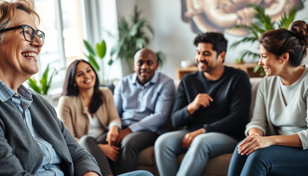 A warm and inviting support group scene, featuring a diverse group of individuals seated in a comfortable, well-lit room. In the foreground, a middle-aged woman with glasses and a young man share a laugh, both dressed in smart casual attire. In the middle ground, a group of three different ethnicities—an Asian woman, a Black man, and a Hispanic woman—engage in a thoughtful discussion, showcasing varying expressions of empathy and understanding. The background includes a cozy atmosphere with soft lighting, plants, and a large window letting in gentle natural light, creating a sense of openness. The mood is supportive and inclusive, highlighting the importance of community. Captured from a slightly elevated angle to emphasize interaction and connection among the group members. A warm and inviting support group scene, featuring a diverse group of individuals seated in a comfortable, well-lit room. In the foreground, a middle-aged woman with glasses and a young man share a laugh, both dressed in smart casual attire. In the middle ground, a group of three different ethnicities—an Asian woman, a Black man, and a Hispanic woman—engage in a thoughtful discussion, showcasing varying expressions of empathy and understanding. The background includes a cozy atmosphere with soft lighting, plants, and a large window letting in gentle natural light, creating a sense of openness. The mood is supportive and inclusive, highlighting the importance of community. Captured from a slightly elevated angle to emphasize interaction and connection among the group members.