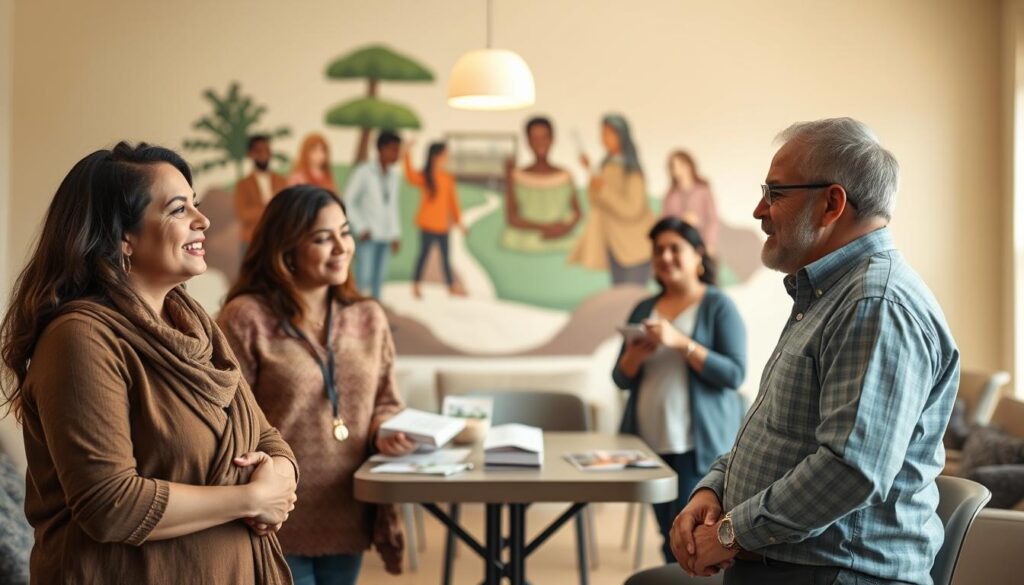 A warm, inviting family advocacy meeting taking place in a well-lit community center. In the foreground, a diverse group of three adults in modest casual clothing—two women and one man—are engaged in a supportive discussion, their expressions reflecting empathy and understanding. The middle ground features a table with brochures and resources about depression support, emphasizing a collaborative atmosphere. In the background, soft lighting casts a comforting glow over a mural depicting scenes of community and togetherness, enhancing feelings of hope and motivation. The overall mood is positive and uplifting, promoting a sense of unity and proactive support among families. The scene captures the essence of how families can actively contribute to mental health support. A warm, inviting family advocacy meeting taking place in a well-lit community center. In the foreground, a diverse group of three adults in modest casual clothing—two women and one man—are engaged in a supportive discussion, their expressions reflecting empathy and understanding. The middle ground features a table with brochures and resources about depression support, emphasizing a collaborative atmosphere. In the background, soft lighting casts a comforting glow over a mural depicting scenes of community and togetherness, enhancing feelings of hope and motivation. The overall mood is positive and uplifting, promoting a sense of unity and proactive support among families. The scene captures the essence of how families can actively contribute to mental health support.