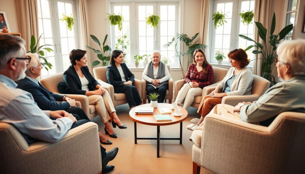 A warm, inviting scene depicting a caregiver wellbeing support group meeting in a cozy community center. The foreground features a diverse group of 5-7 individuals, both men and women, seated in a circle on comfortable chairs, engaged in discussion and sharing support. They are dressed in professional business attire and modest casual clothing. The middle ground showcases a small round table with various care resources and refreshments, allowing a sense of openness. In the background, soft, natural light filters through large windows adorned with plants, creating a calm atmosphere. The mood is supportive and empathetic, with soft colors and a sense of camaraderie that highlights the importance of connection. The angle captures the group dynamics effectively, making viewers feel included in the moment. A warm, inviting scene depicting a caregiver wellbeing support group meeting in a cozy community center. The foreground features a diverse group of 5-7 individuals, both men and women, seated in a circle on comfortable chairs, engaged in discussion and sharing support. They are dressed in professional business attire and modest casual clothing. The middle ground showcases a small round table with various care resources and refreshments, allowing a sense of openness. In the background, soft, natural light filters through large windows adorned with plants, creating a calm atmosphere. The mood is supportive and empathetic, with soft colors and a sense of camaraderie that highlights the importance of connection. The angle captures the group dynamics effectively, making viewers feel included in the moment.