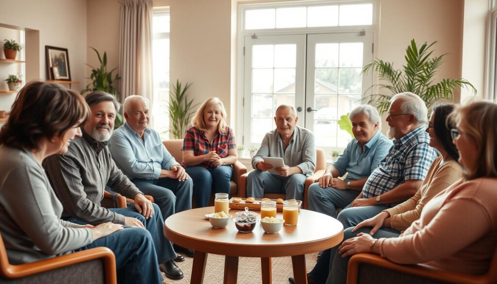 A warm, inviting scene of a veteran support group meeting. In the foreground, a diverse group of veterans and their families, seated in a circle, engaging in open conversation. They are dressed in modest casual clothing, reflecting a sense of community and support. In the middle ground, a round table with refreshments, symbolizing hospitality and togetherness. In the background, large windows let in soft, natural light, creating a bright atmosphere that promotes warmth and wellness. The setting is a cozy community center, with soothing colors on the walls and various plants for a touch of nature. The mood is uplifting and collaborative, emphasizing the importance of family involvement in veteran support. Overall, the composition should evoke a sense of connection and hope.