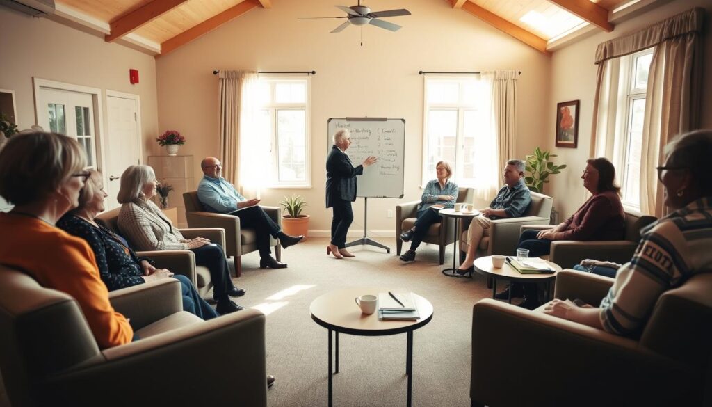 A welcoming support group venue featuring a cozy, well-lit community room. In the foreground, a circular arrangement of comfortable chairs surrounded by small tables, each holding refreshments and resources like pamphlets and notebooks. The middle ground shows a large whiteboard or flip chart with key points outlined, fostering an engaging atmosphere. In the background, sunny windows with soft curtains allow natural light to flood the room, creating a warm, inviting space. The mood is relaxed and supportive, ideal for fostering connection and dialogue among participants. Use a soft focus lens with a slightly wide angle to encompass the entire room, highlighting the inviting nature of the venue. Emphasize the community and conversation, with people dressed in smart casual attire, actively engaging with each other, conveying a sense of camaraderie.