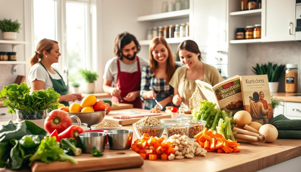 A bright, inviting kitchen countertop filled with various colorful ingredients arranged for meal prep. In the foreground, a wooden cutting board showcases chopped vegetables and lean proteins, while measuring cups with grains are neatly placed nearby. In the middle, cheerful family members in modest casual clothing are engaged in meal preparation, smiling and sharing tips with each other. Soft natural light streams in through a window, creating a warm, welcoming atmosphere. In the background, organized jars of spices and a cookbook on nutrition education are visible on open shelves, further enhancing the theme of healthy cooking. The overall mood is collaborative and educational, perfect for illustrating community cooking classes focused on budget-friendly, nutritious meals for families.