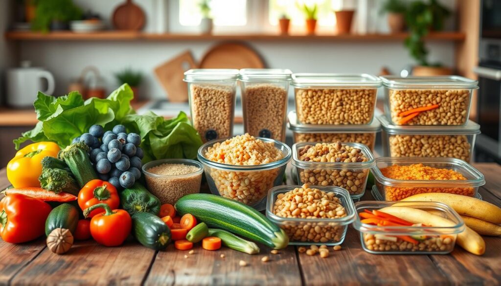 A colorful display of affordable meal prep ingredients on a rustic wooden table. In the foreground, a variety of fresh vegetables like bell peppers, carrots, and zucchini, along with whole grains such as brown rice and quinoa. In the middle ground, a bowl of healthy legumes like lentils and chickpeas, beside neatly organized storage containers filled with prepped portions. The background features a softly blurred kitchen setting, with bright, natural light streaming through a window, creating a warm and inviting atmosphere. The scene has an emphasis on simplicity and health, inspiring a sense of community and budget-friendly cooking. The angle is slightly above, providing a balanced overview of the ingredients.