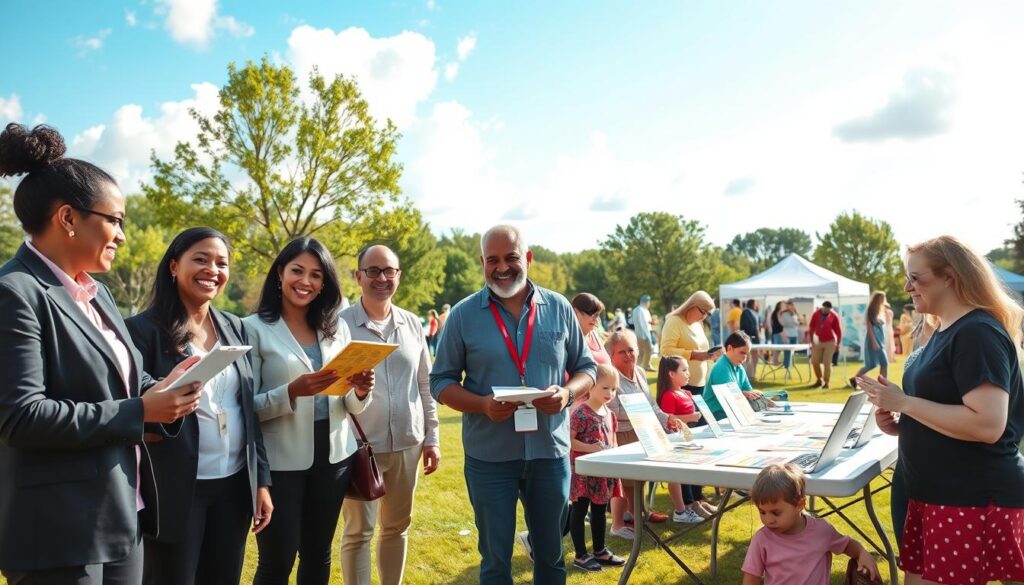 A diverse team of cheerful volunteers coordinating a community health fair in an outdoor park setting. In the foreground, a group of well-organized individuals in professional business attire and modest casual clothing are engaged in lively discussions, holding clipboards and planning sheets. In the middle ground, tables filled with colorful informational flyers and health screening equipment are being set up. The background features a sunny sky with fluffy white clouds, while families with children enjoy the fair, indicative of a fun atmosphere. The lighting is bright and warm, creating an inviting environment. The angle captures the volunteers in action, showcasing teamwork and dedication, emphasizing a safe and well-planned event. A diverse team of cheerful volunteers coordinating a community health fair in an outdoor park setting. In the foreground, a group of well-organized individuals in professional business attire and modest casual clothing are engaged in lively discussions, holding clipboards and planning sheets. In the middle ground, tables filled with colorful informational flyers and health screening equipment are being set up. The background features a sunny sky with fluffy white clouds, while families with children enjoy the fair, indicative of a fun atmosphere. The lighting is bright and warm, creating an inviting environment. The angle captures the volunteers in action, showcasing teamwork and dedication, emphasizing a safe and well-planned event.