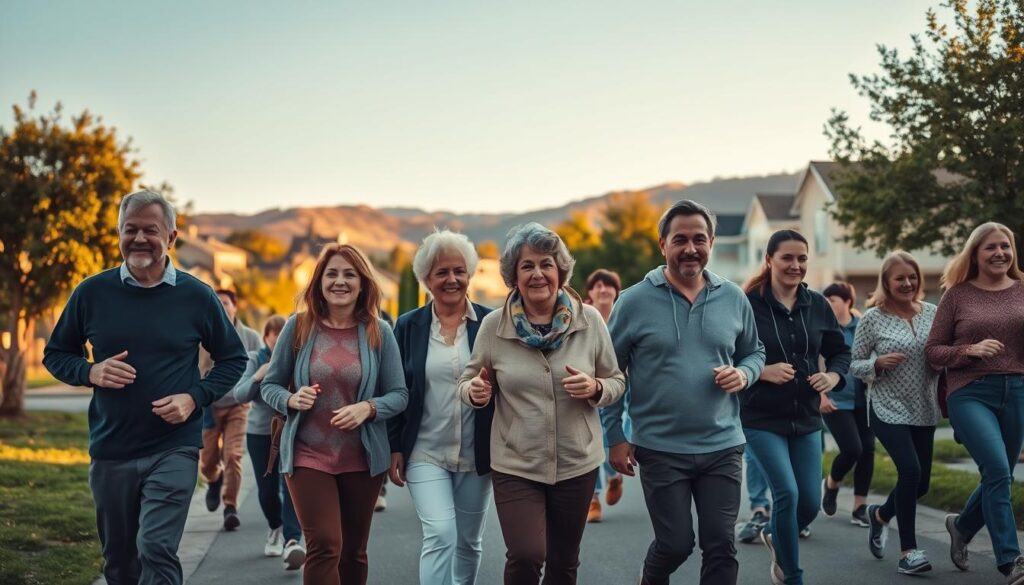 A lively neighborhood walking group in a suburban setting, featuring a diverse group of adults in casual, modest clothing engaging in a brisk walk together. In the foreground, a few walkers are closely interacting, discussing their pace, while others are following a few steps behind. In the middle ground, trees and residential houses frame the scene, creating a warm, inviting atmosphere. The background shows gentle hills under a clear blue sky with soft, golden sunlight casting a glow on the walkers, enhancing the sense of community and motivation. The image captures a dynamic, upbeat mood, emphasizing camaraderie and fitness. Use a wide-angle lens to encompass the lively group and picturesque surroundings, ensuring the focus conveys a sense of friendly engagement and community spirit. A lively neighborhood walking group in a suburban setting, featuring a diverse group of adults in casual, modest clothing engaging in a brisk walk together. In the foreground, a few walkers are closely interacting, discussing their pace, while others are following a few steps behind. In the middle ground, trees and residential houses frame the scene, creating a warm, inviting atmosphere. The background shows gentle hills under a clear blue sky with soft, golden sunlight casting a glow on the walkers, enhancing the sense of community and motivation. The image captures a dynamic, upbeat mood, emphasizing camaraderie and fitness. Use a wide-angle lens to encompass the lively group and picturesque surroundings, ensuring the focus conveys a sense of friendly engagement and community spirit.
