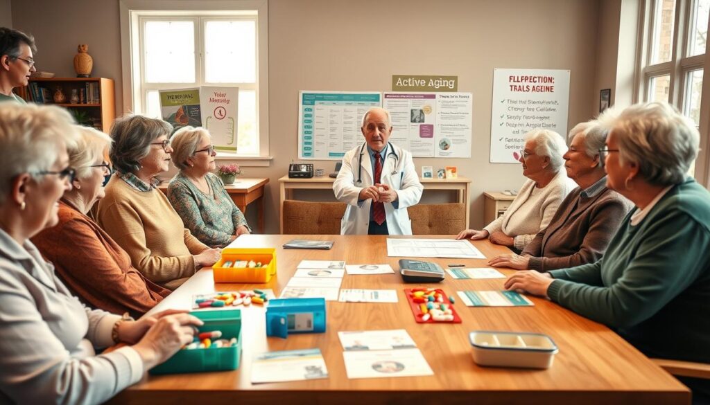 A serene and informative scene illustrating falls prevention through medication management. In the foreground, a diverse group of older adults, dressed in modest casual clothing, are engaged in a discussion around a large wooden table filled with colorful pill organizers and informational brochures. In the middle ground, a healthcare professional, in professional attire, gestures towards a chart displaying medication schedules and safety tips. The background features a well-lit cozy community center, with warm lighting streaming through large windows, highlighting motivational posters about active aging. The atmosphere is supportive and educational, fostering a sense of community and empowerment among the participants. The image should have a soft focus to convey a warm and inviting mood, enhancing the theme of safety and well-being. A serene and informative scene illustrating falls prevention through medication management. In the foreground, a diverse group of older adults, dressed in modest casual clothing, are engaged in a discussion around a large wooden table filled with colorful pill organizers and informational brochures. In the middle ground, a healthcare professional, in professional attire, gestures towards a chart displaying medication schedules and safety tips. The background features a well-lit cozy community center, with warm lighting streaming through large windows, highlighting motivational posters about active aging. The atmosphere is supportive and educational, fostering a sense of community and empowerment among the participants. The image should have a soft focus to convey a warm and inviting mood, enhancing the theme of safety and well-being.